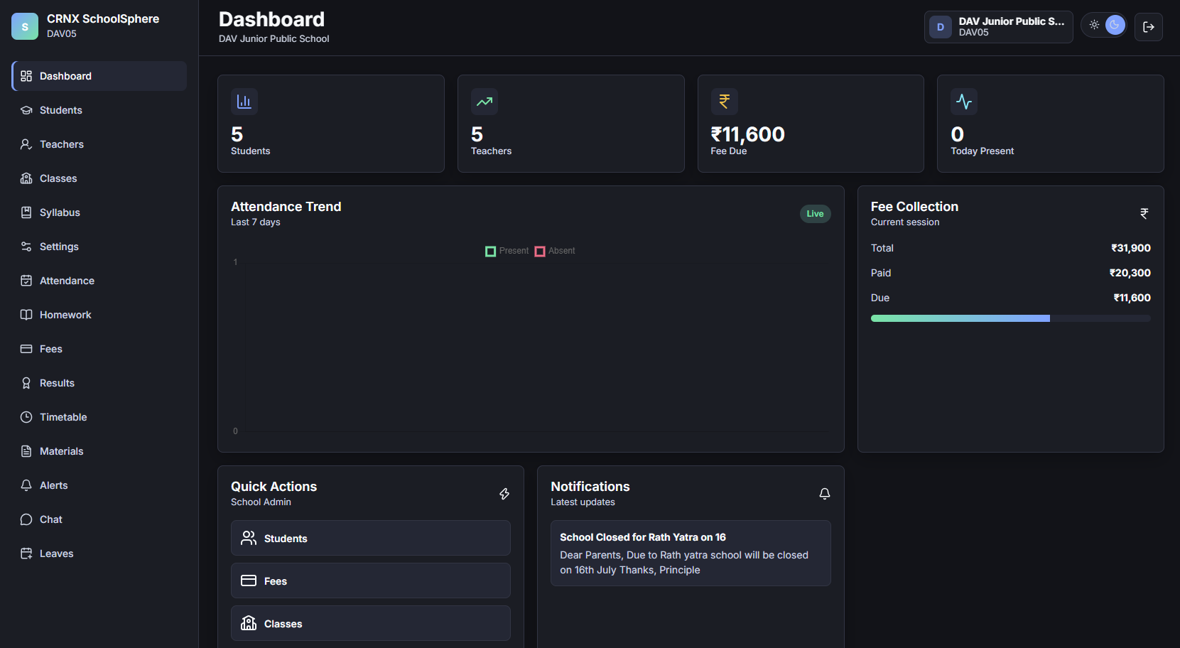 CRNX Tech School Management System Dashboard